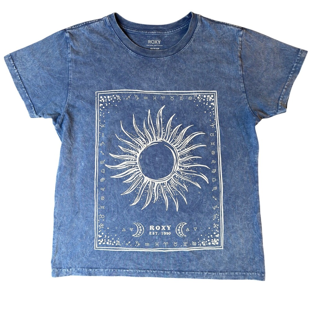 Roxy Womens Blue Acid Wash Celestial Sun Moon Zodiac Graphic Tee Shirt XS